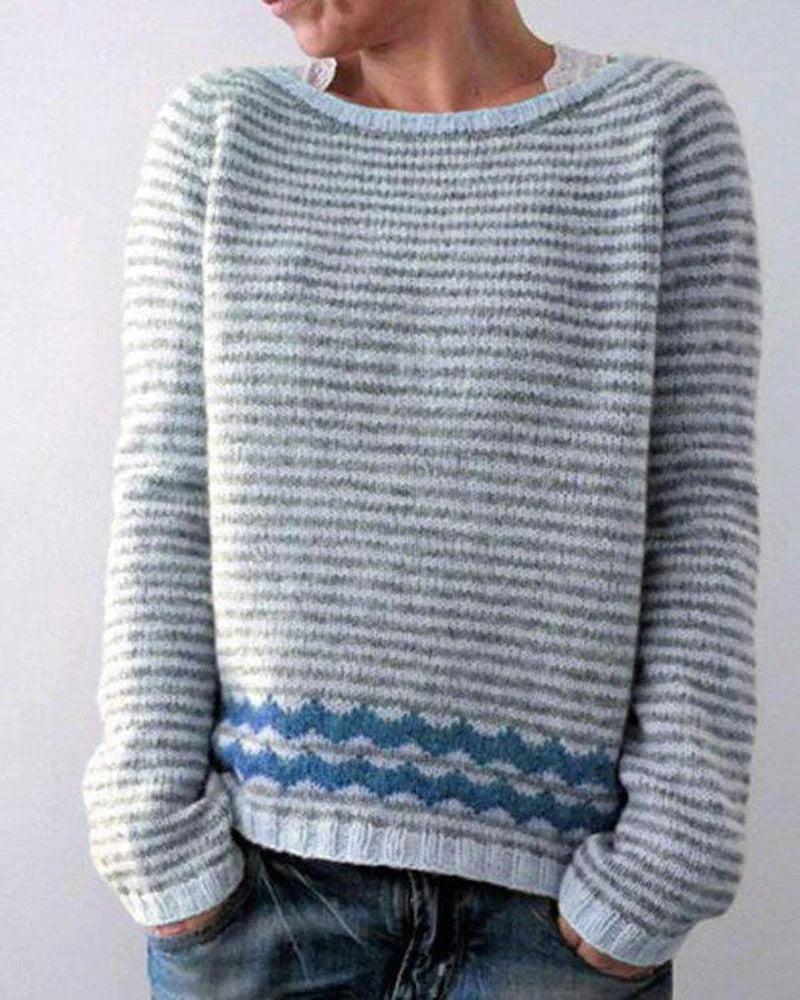 Women's loose fit wool blend knit sweater with colorful ethnic pattern, warm soft winter style
