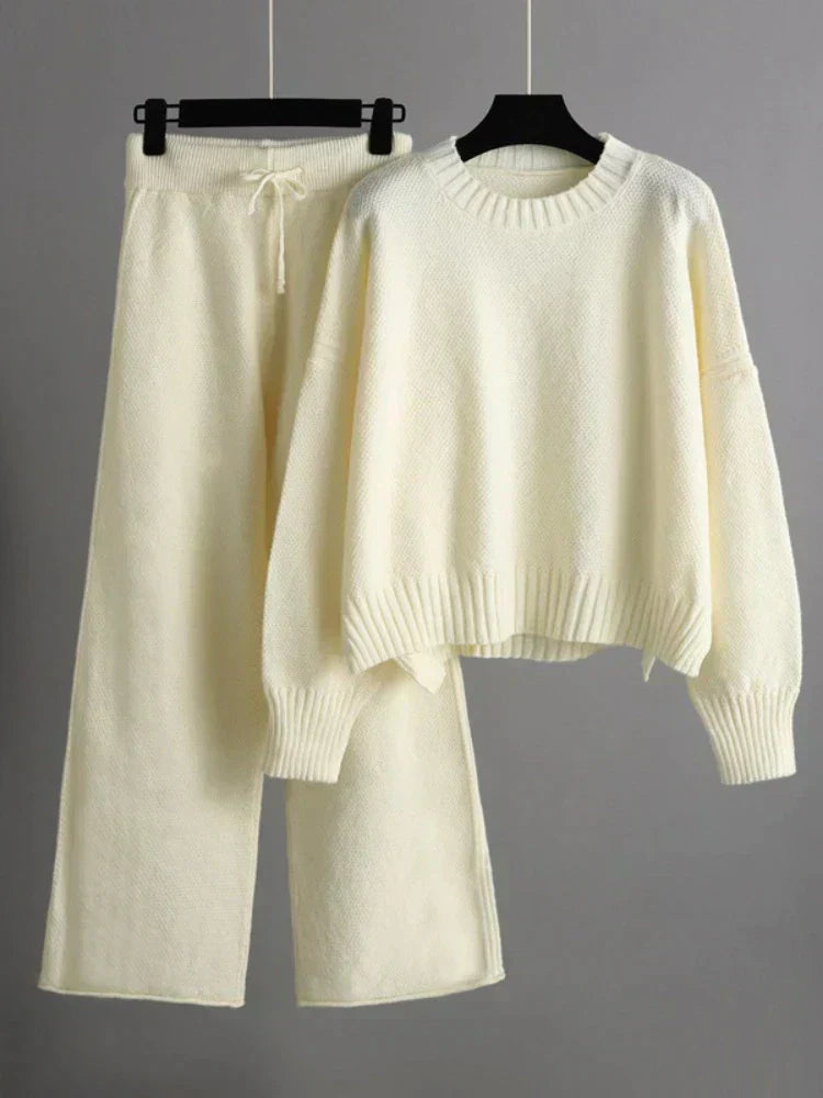 Women's luxury tricot two-piece drawstring outfit in neutral tones, soft flexible knit fabric