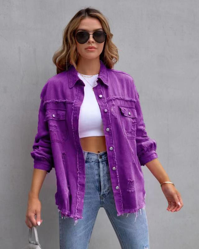 Women's relaxed shirt jacket in neutral tones with distressed detailing for chic urban style