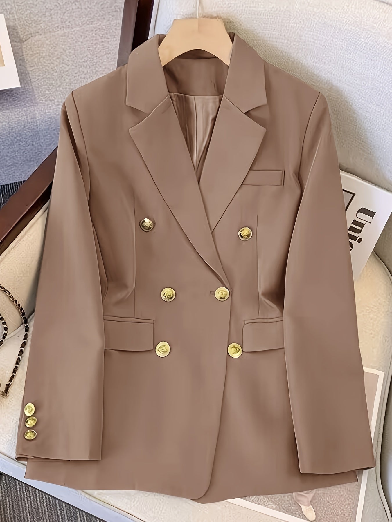 Women's double-breasted blazer sculpted fit notch lapel formal workwear with gold-tone buttons