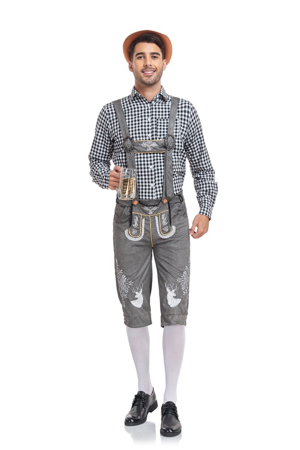 Men's traditional Oktoberfest Lederhosen costume set with suspenders, authentic Bavarian style