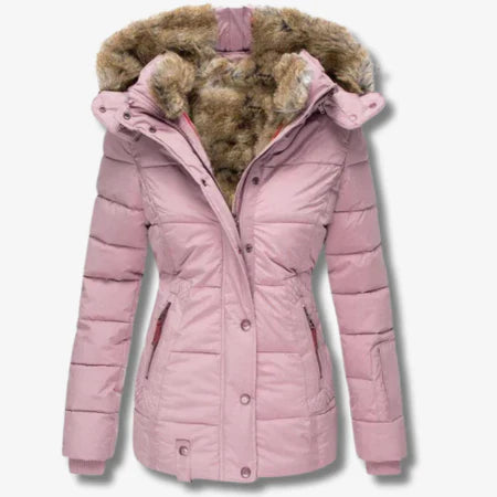Fadwa women's black puffer jacket with hood, elegant insulated winter coat for everyday wear
