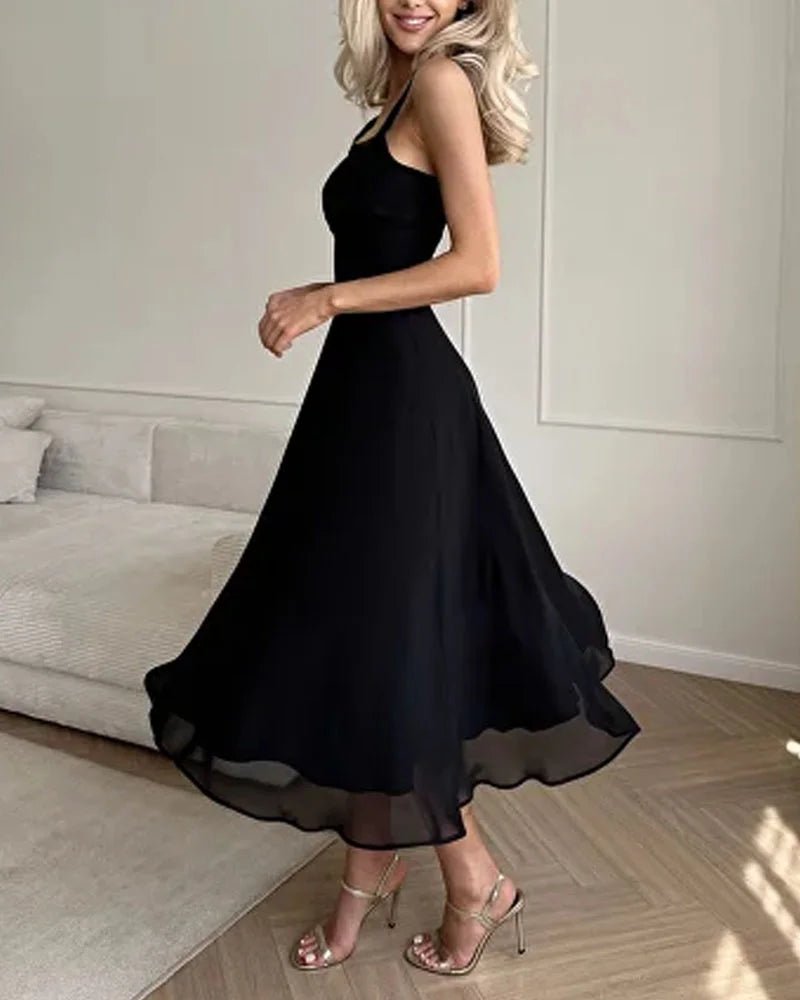 Pink square neck dress with fluid silhouette and elegant flattering cut for formal occasions