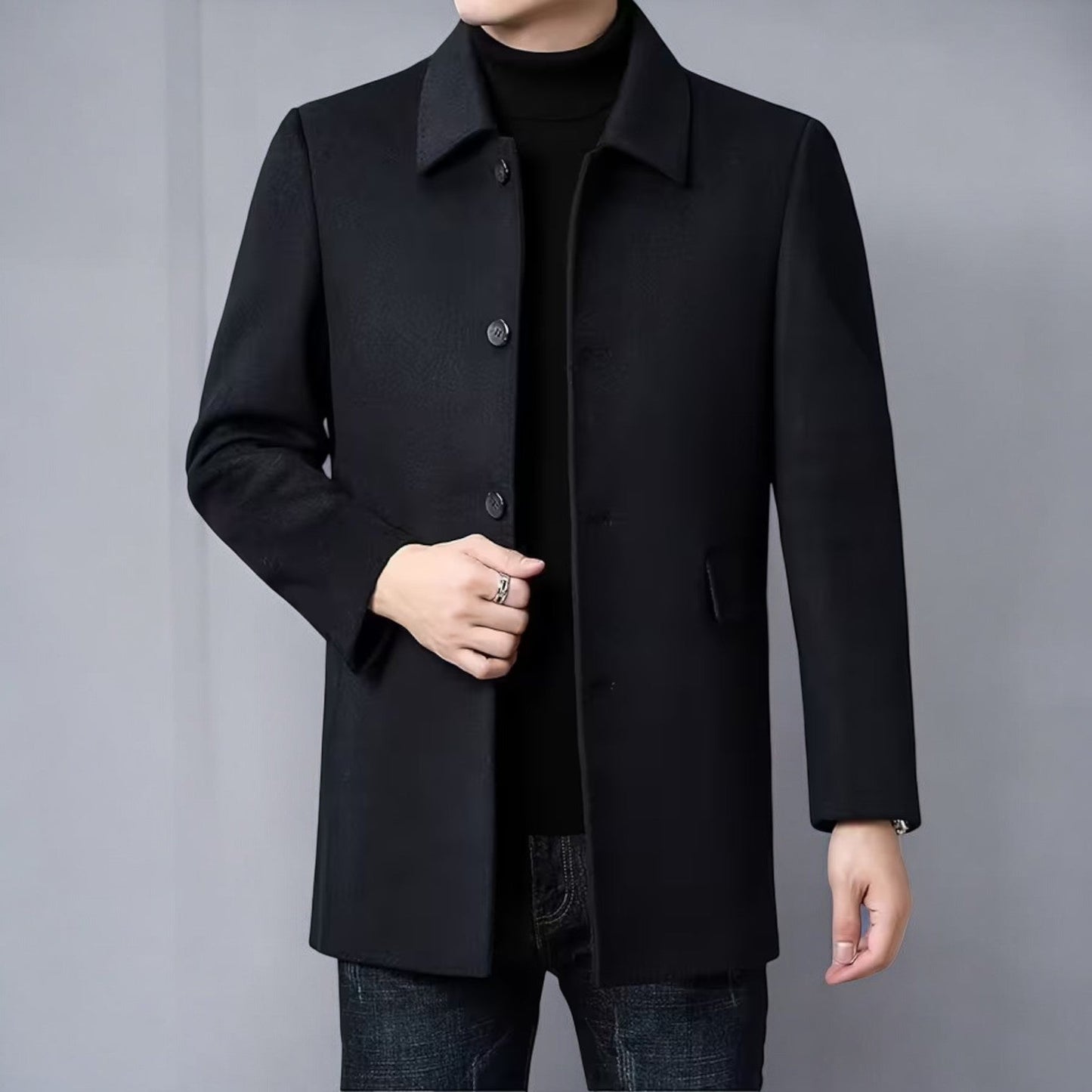 Men's single-breasted winter coat tailored slim fit polished silhouette versatile office-ready cold weather