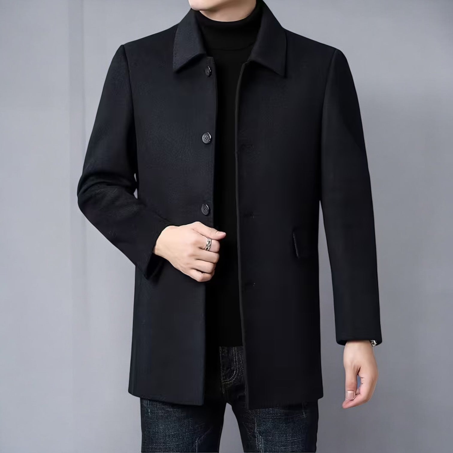 Men's single-breasted winter coat tailored slim fit polished silhouette versatile office-ready cold weather