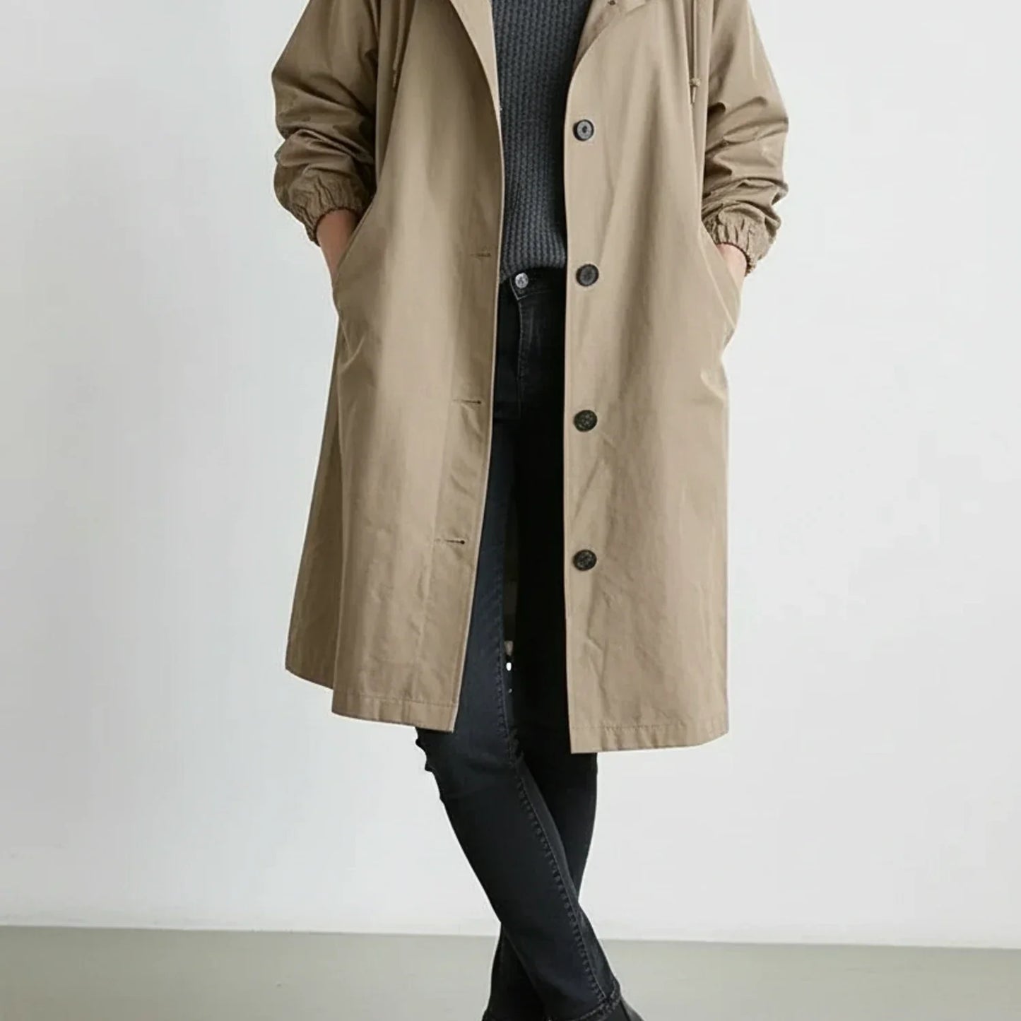 Women's long hooded coat A-line silhouette drawstring hood button front pockets trench style
