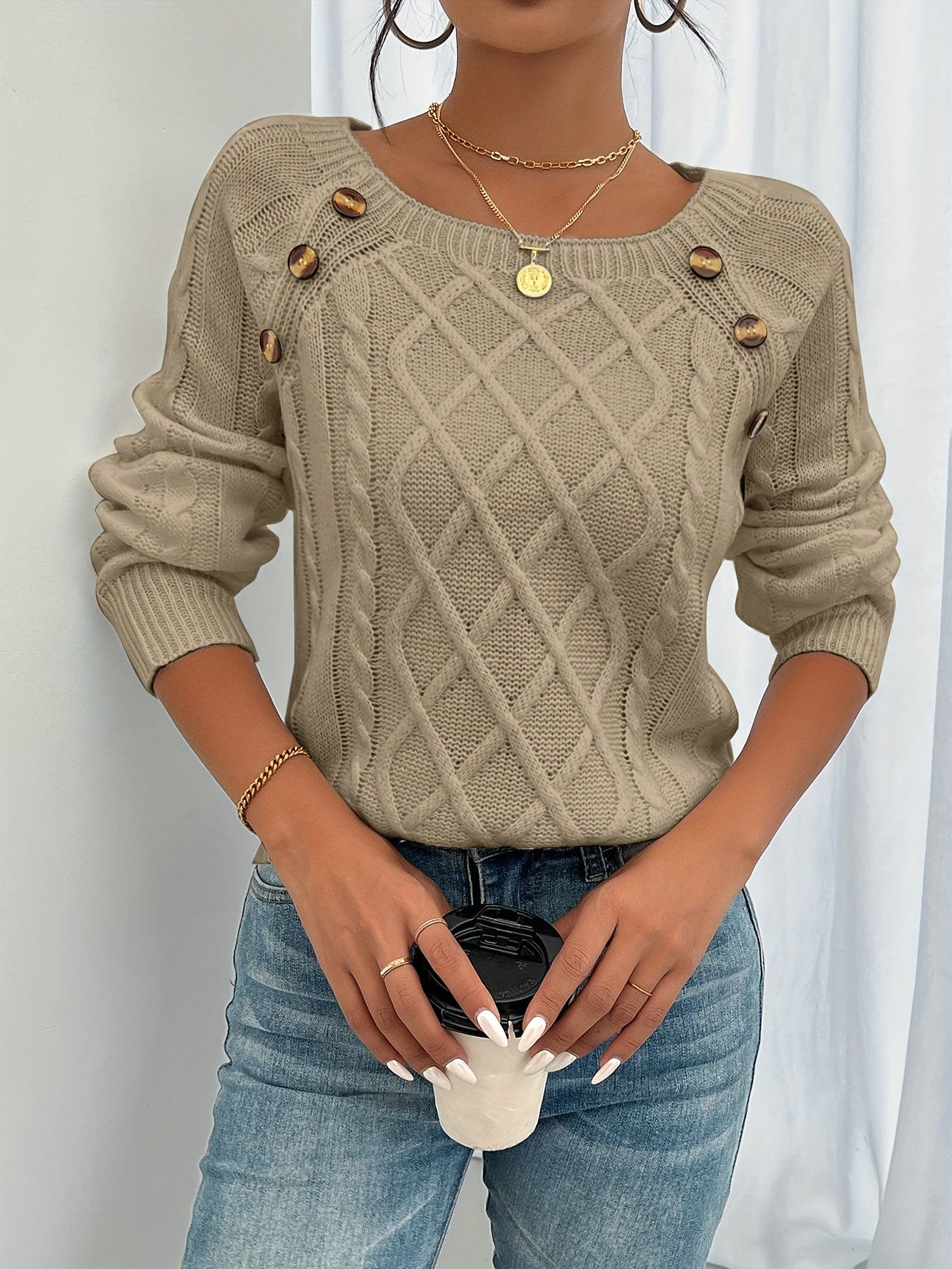 Olive green cable knit crew neck sweater long sleeve cozy cotton blend pullover top for women
