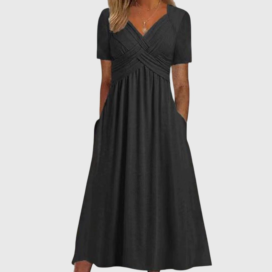 Gabriella women's V-neck pleated front dress with flattering silhouette in elegant style