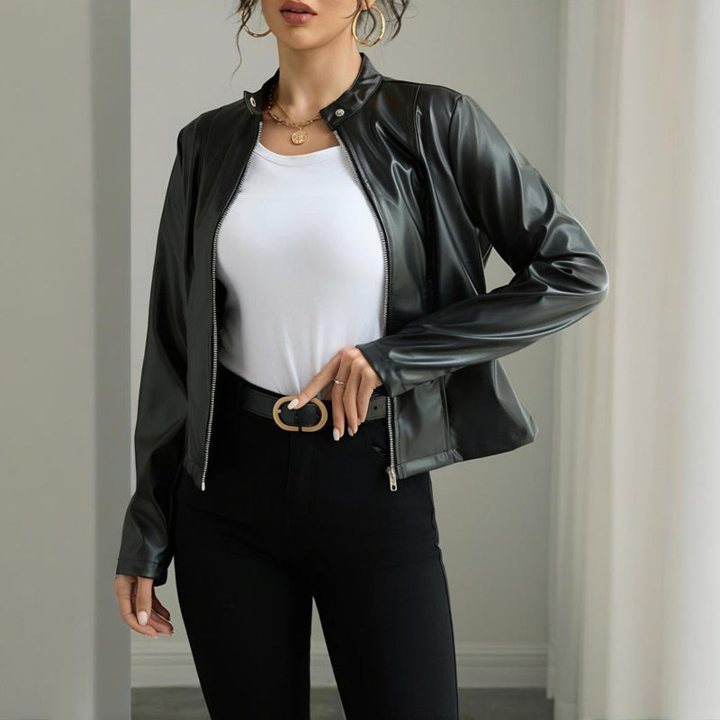 Women's black faux leather jacket stand collar hidden zipper minimalist chic silhouette
