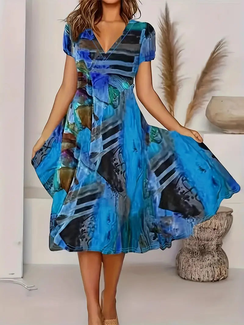 Breezy women's V-neck short sleeve summer dress in lightweight fabric, perfect for beach or everyday wear
