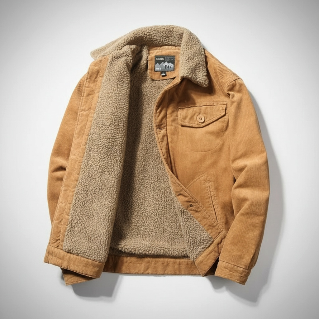 Men's brown corduroy jacket regular fit shearling collar sherpa lining hip length casual winter