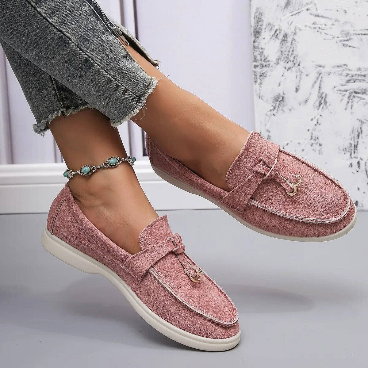 Women's khaki suede finish moccasin slip-on with cushioned sole for all-day comfort