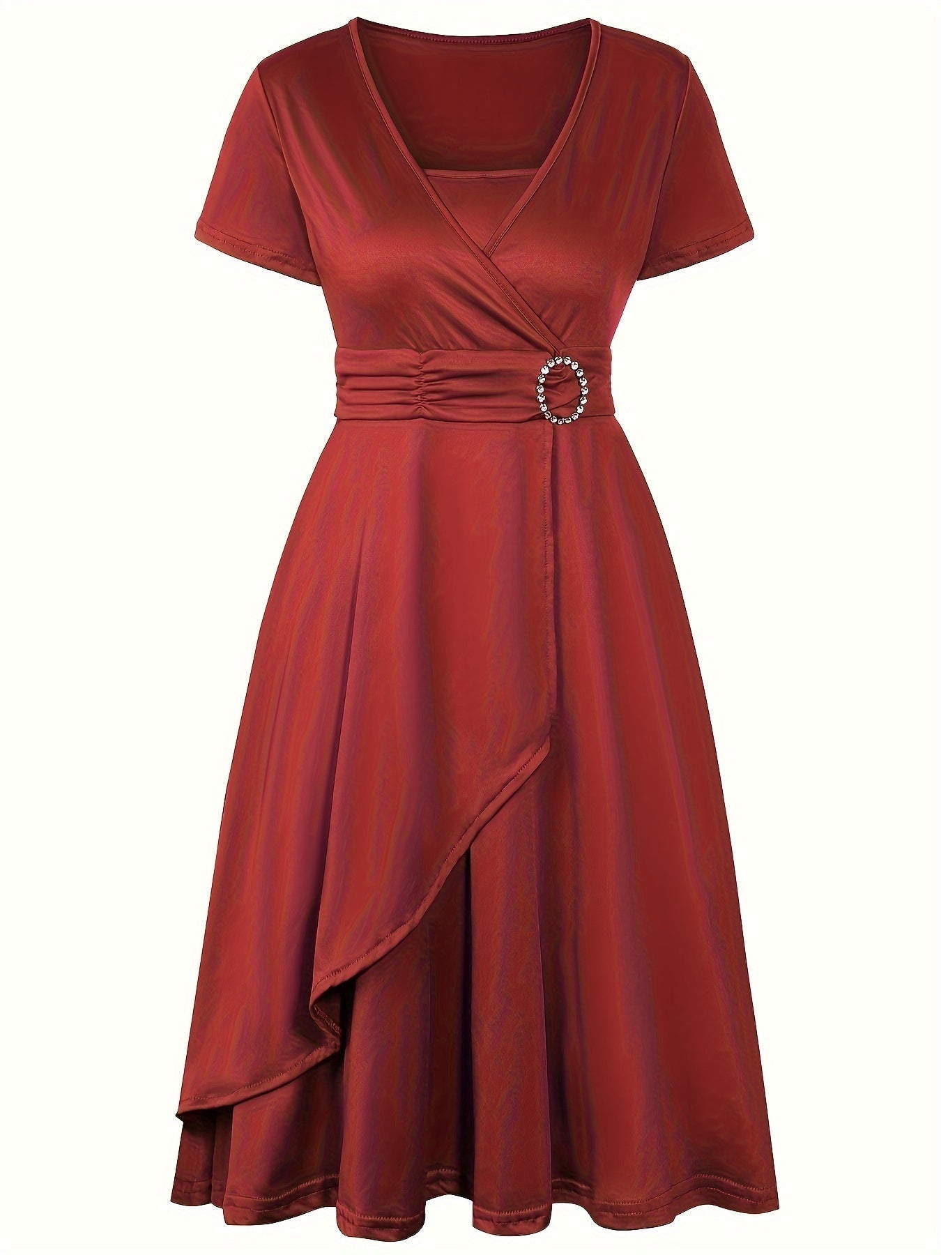 Women's wrap dress in solid color with V-neck, short sleeves, and elegant waist detail for flattering silhouette