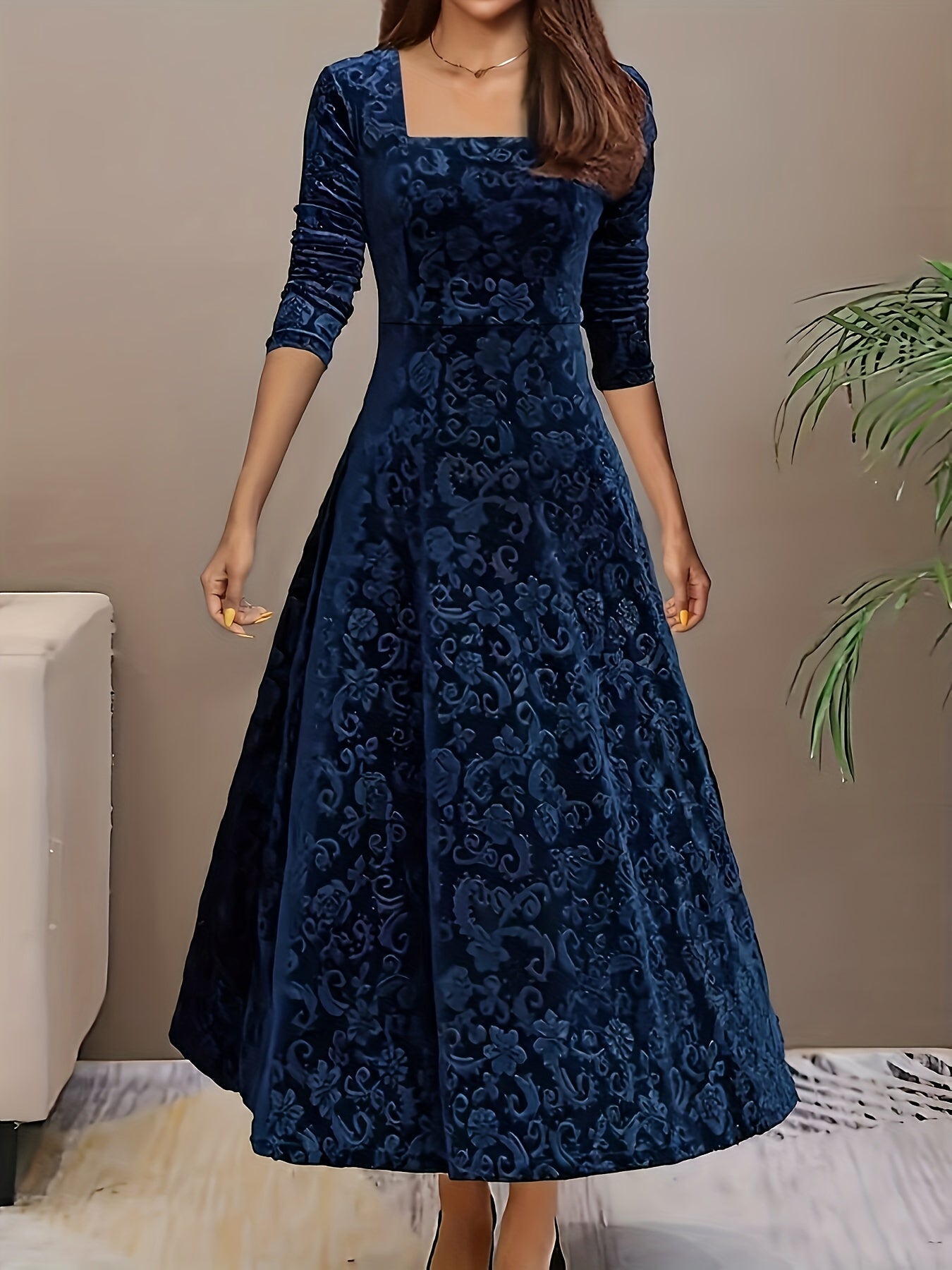 Elegant velvet square neck party dress with intricate floral embroidery for formal winter wear