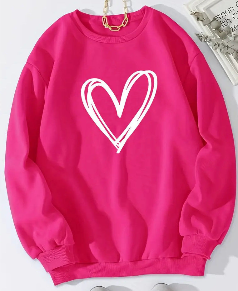 Women's pink heart print crew neck sweatshirt, cozy long sleeve pullover with cute heart motif