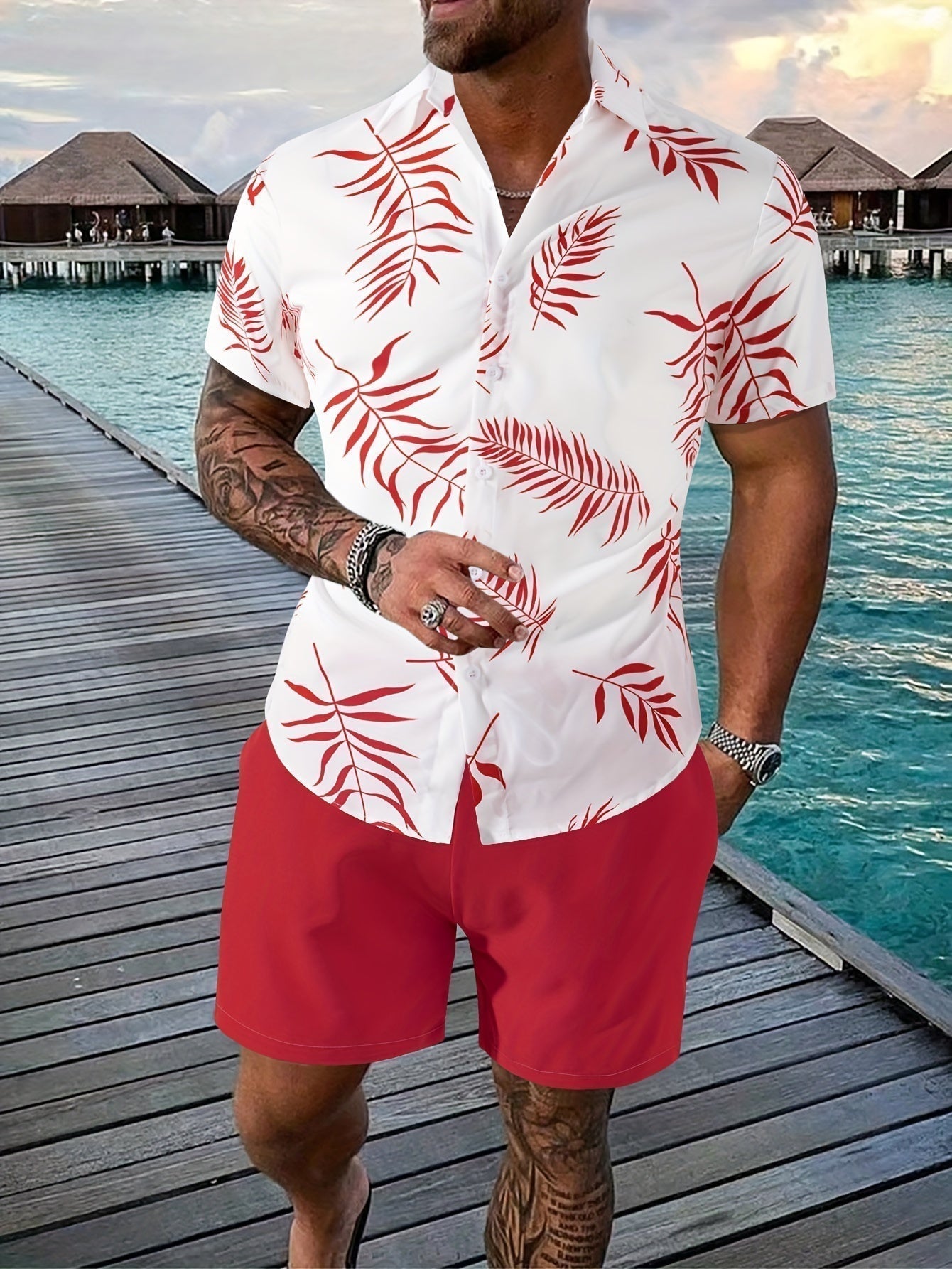 Men's two-piece summer set light coordinated top and shorts for beach vacation relaxed casual wear