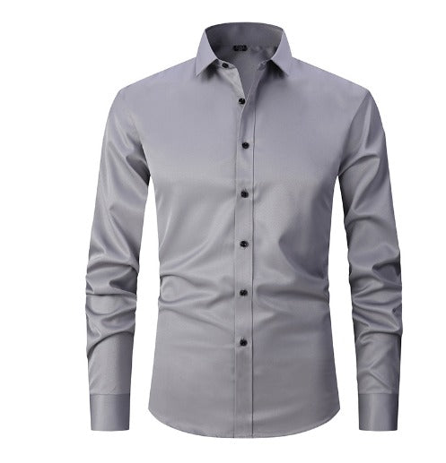 Men's slim-fit stretch dress shirt in classic blue, wrinkle-resistant fabric for all-day professional wear