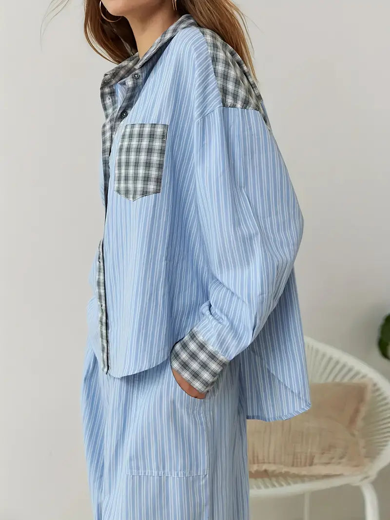 Women's oversized lounge set ultra-soft breathable pajamas with striped patchwork relaxed fit