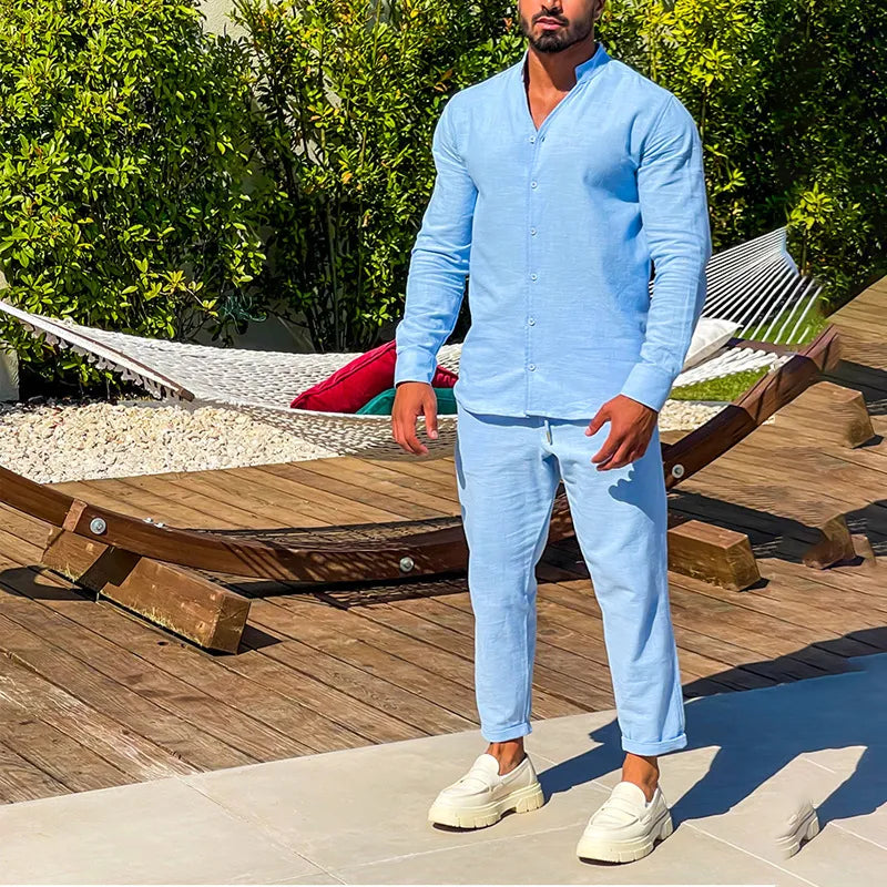 Men's beige linen two-piece set with long-sleeve shirt and tailored pants for casual comfort