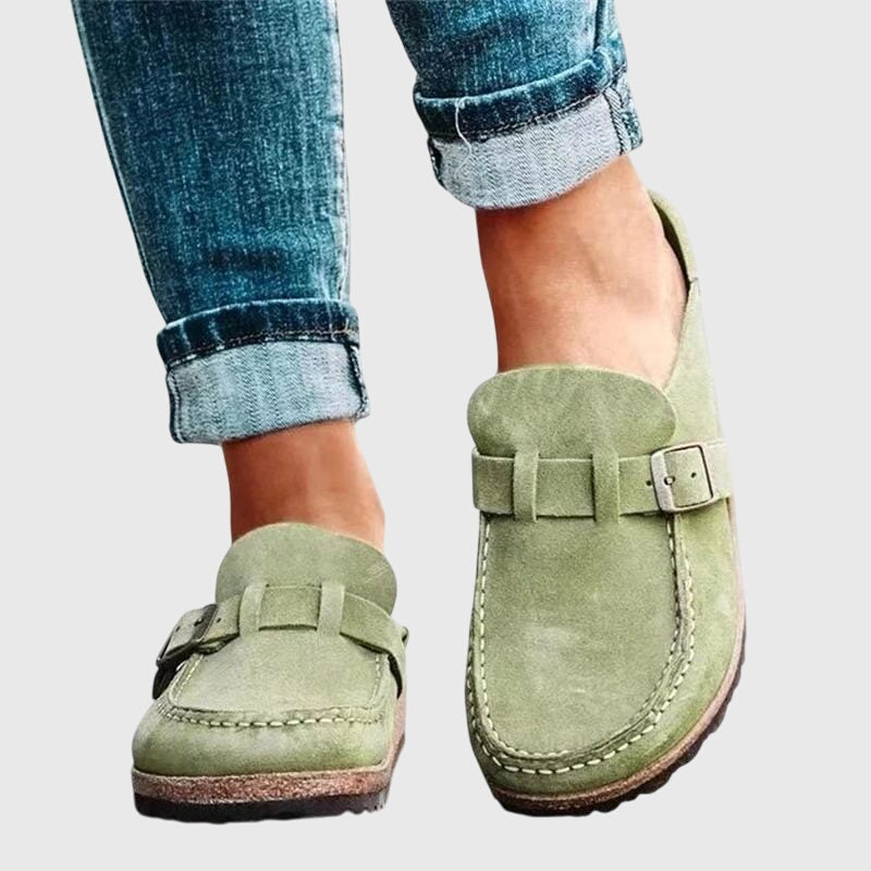 Casual slip-on buckle loafer shoes with cushioned sole, classic stitch detailing and metallic accent
