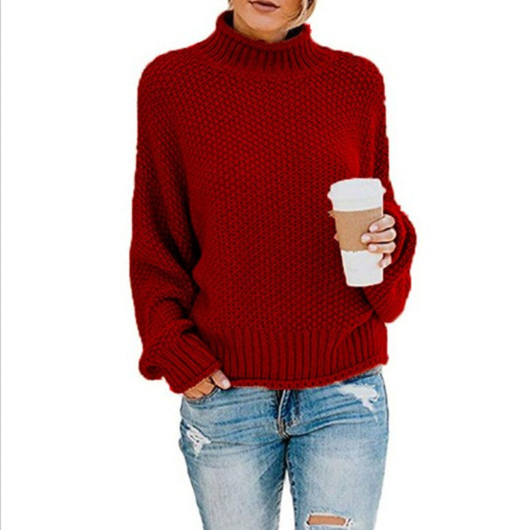 Women's chunky knit turtleneck sweater in cozy oversized fit with thick textured knit for winter warmth