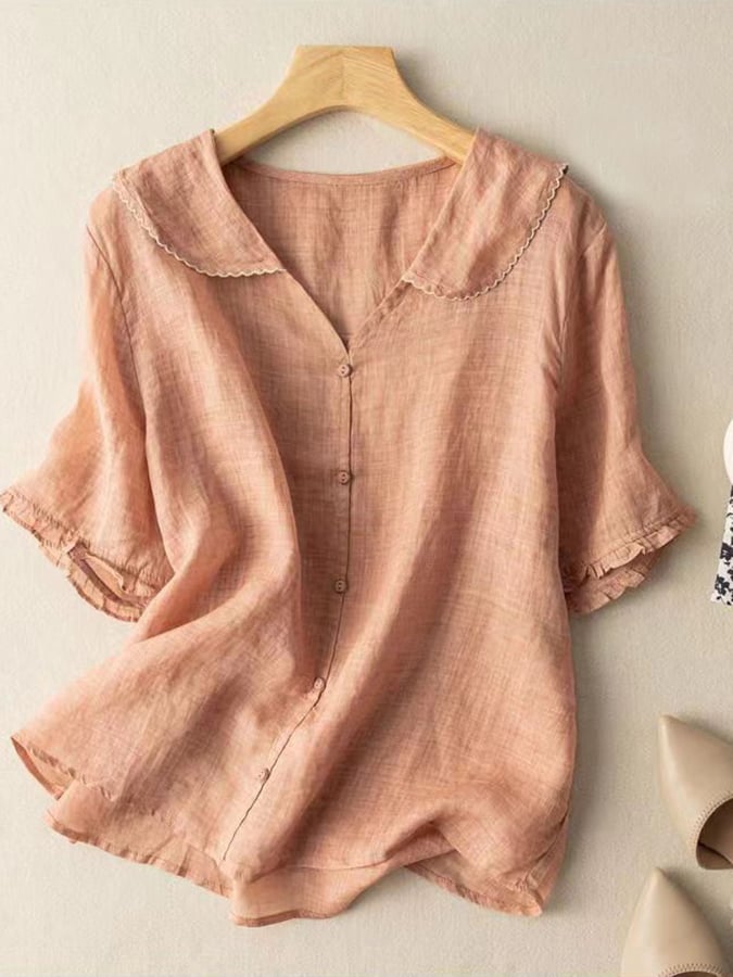 Women white button-down blouse relaxed fit short sleeves delicate ruffle collar elegant workwear