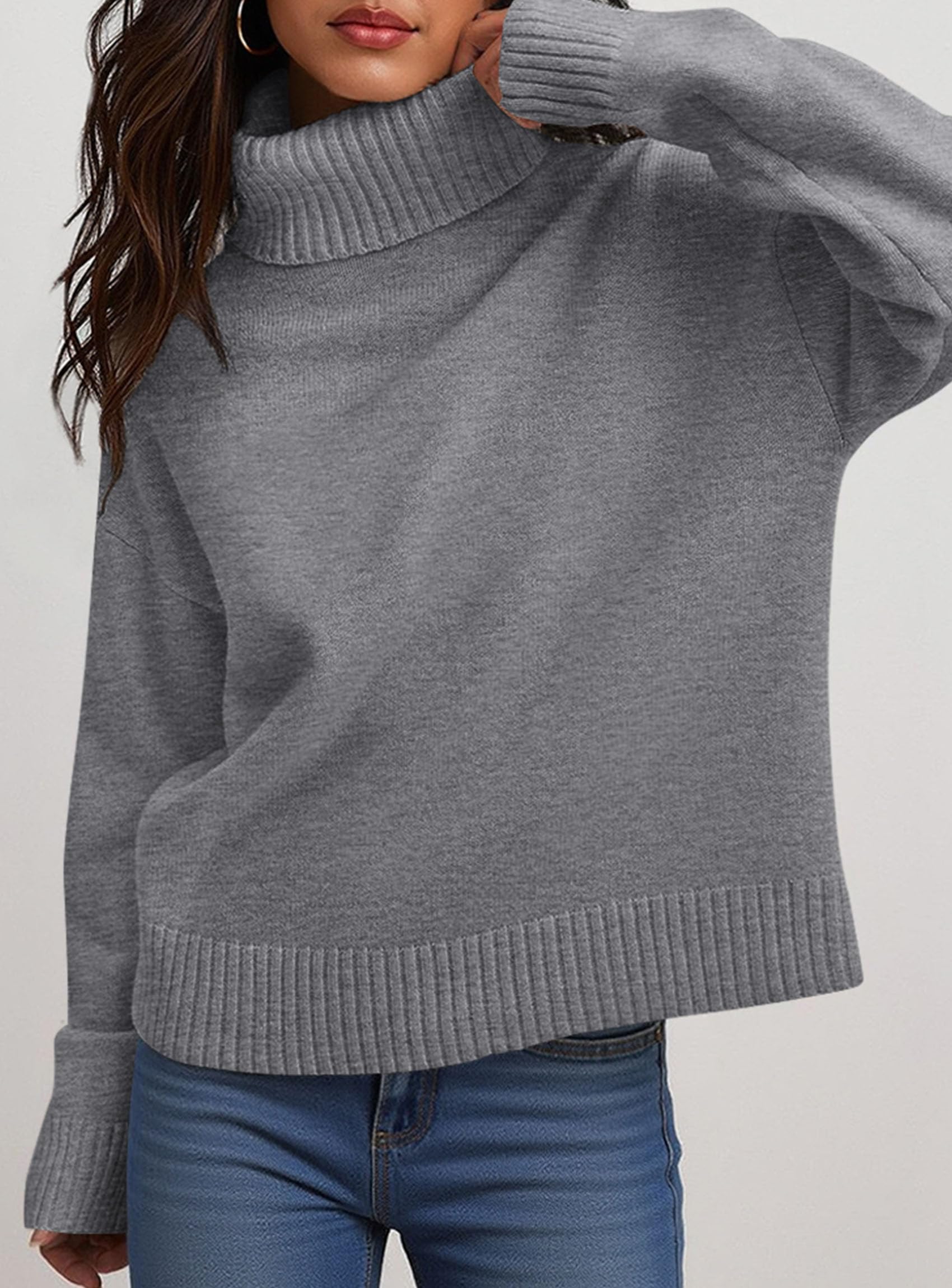 Women's soft knit roll neck sweater cozy slightly loose fit versatile everyday wardrobe essential
