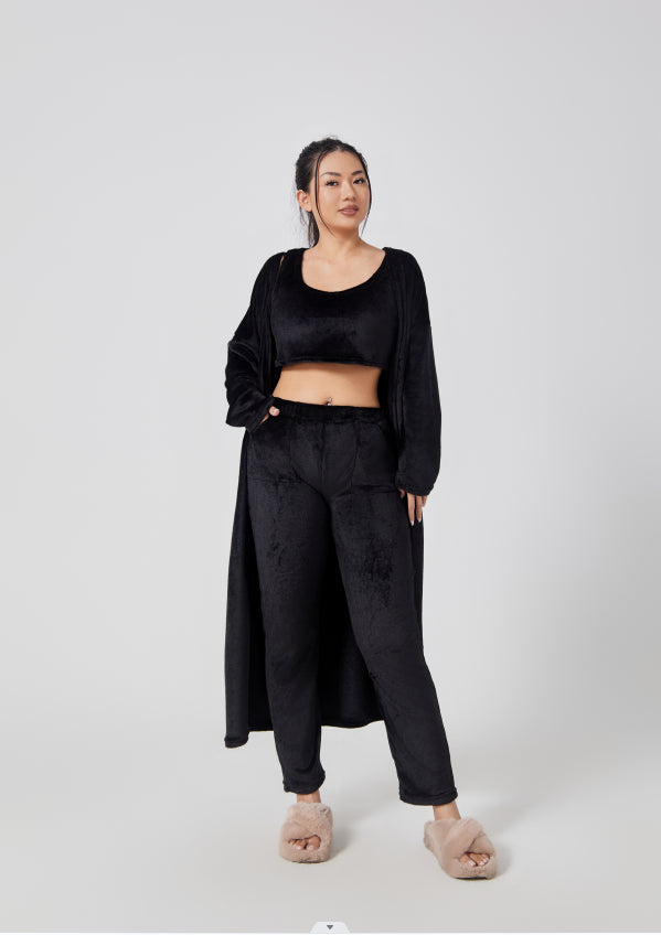 Women's fluffy 3-piece lounge set cropped top high-waisted pants long cardigan soft polyester blend