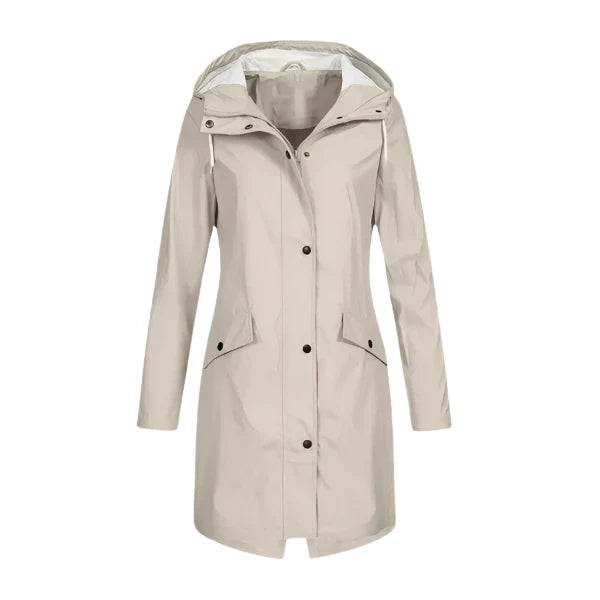 Women's long waterproof hooded raincoat with front zipper, flap pockets, windproof protection