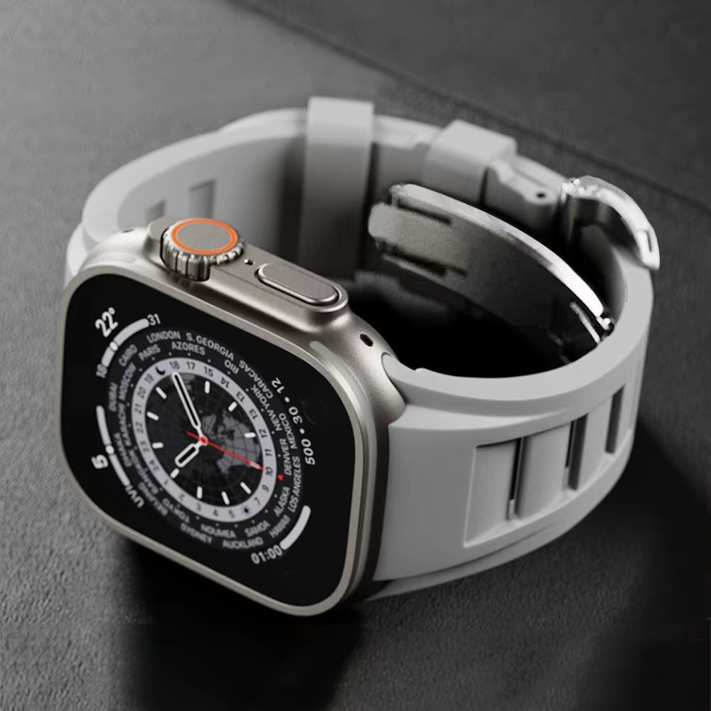 Rugged fluoroelastomer Apple Watch band in black with stainless steel clasp for extreme athletes