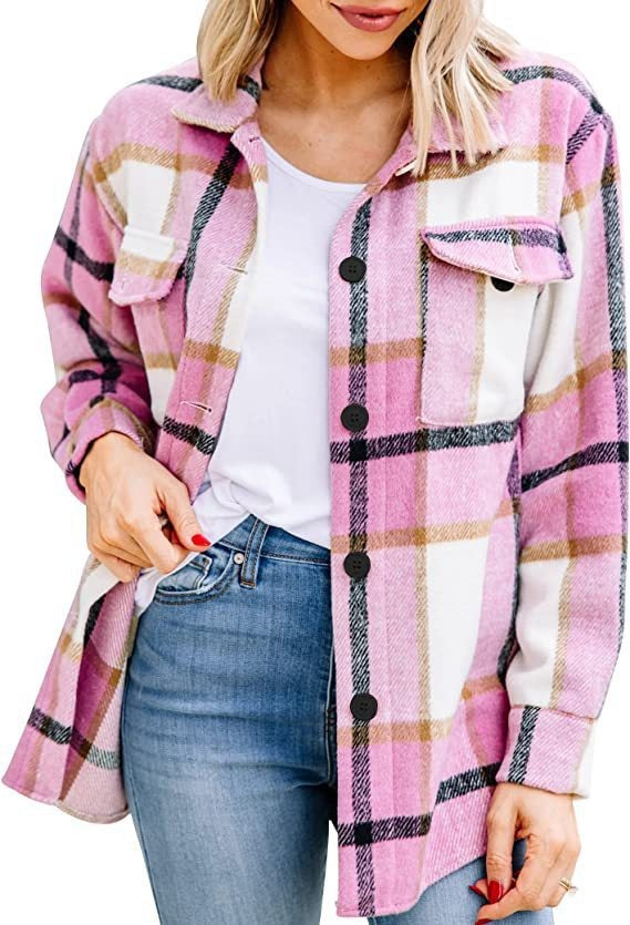 Women's soft cotton blend flannel shirt classic checkered pattern button closure casual everyday style