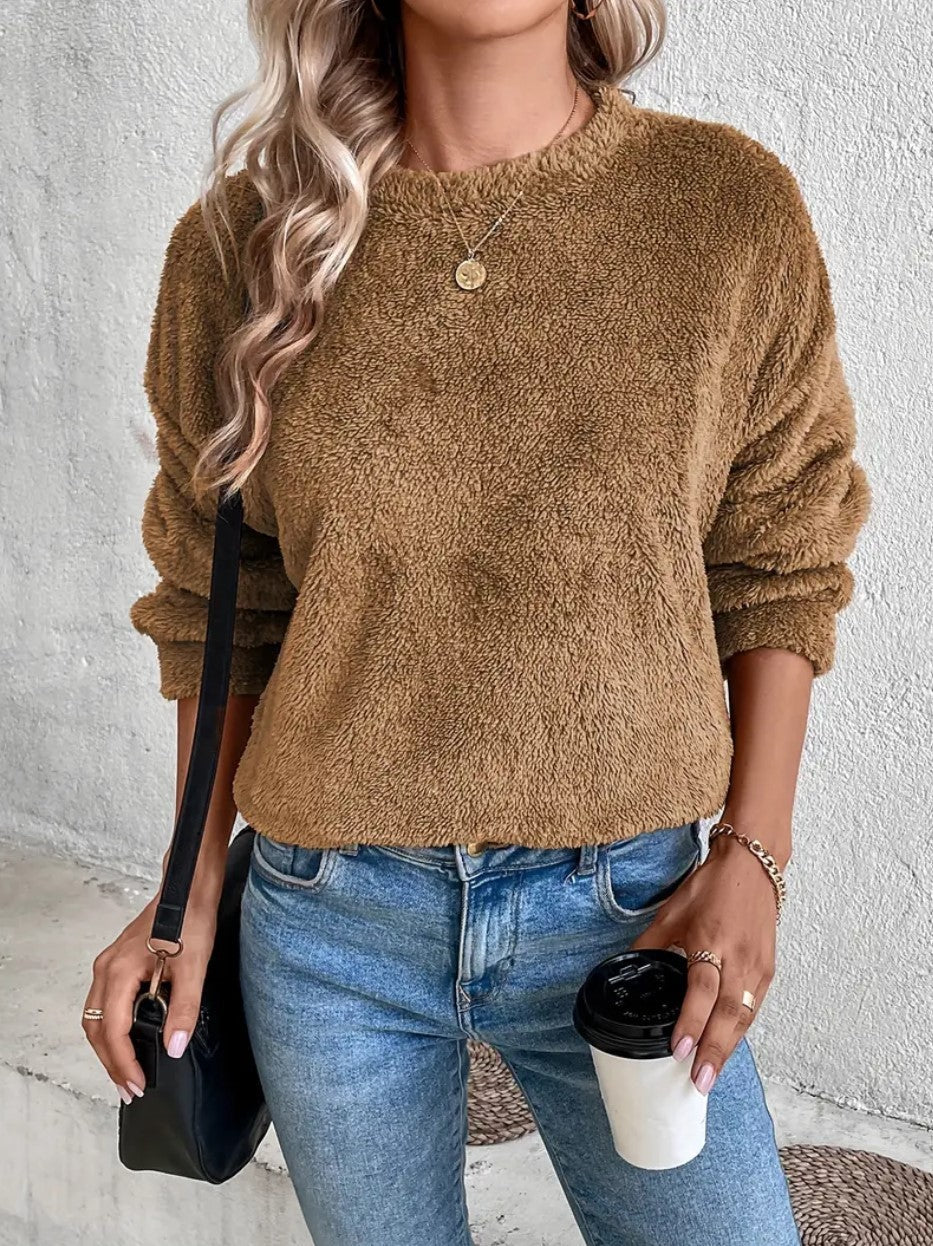 Women's teddy fleece sweatshirt cozy modern fit ultra-soft warm plush top for cold days