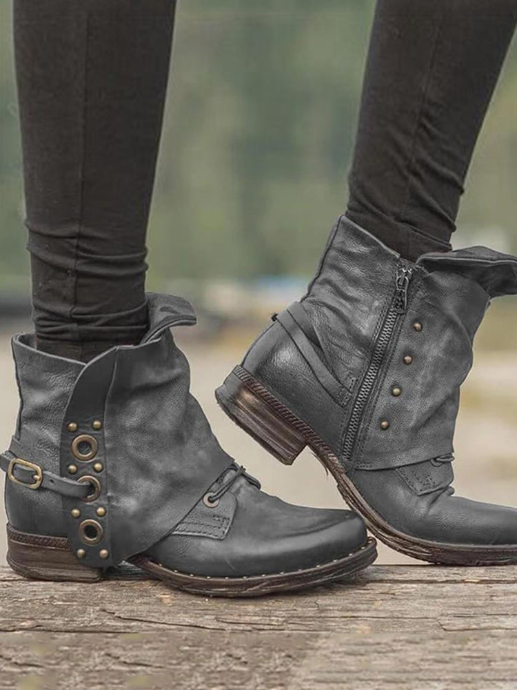 Women's black mid-heel ankle boots vintage studded rivet patch buckle leather look design