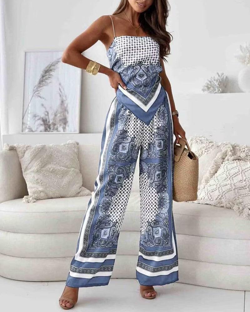 Printed lace-up vest and pants two-piece set women chic casual coordinated everyday outfit