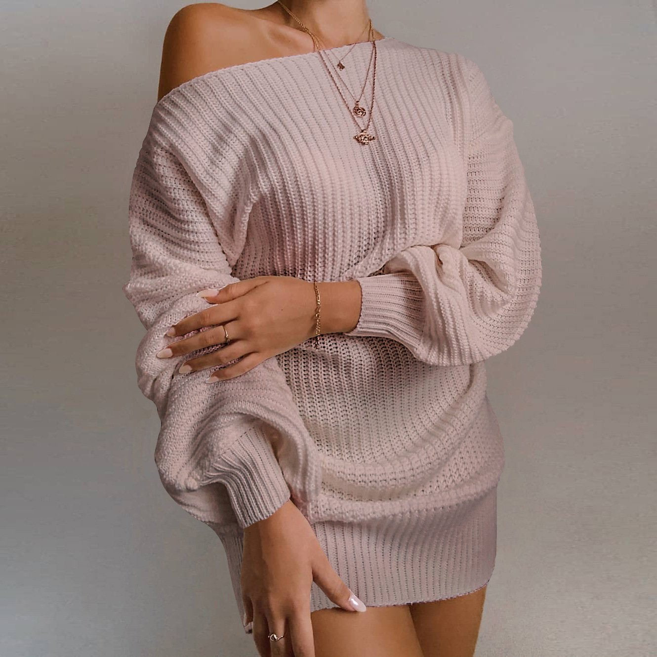 Women's off-shoulder knit sweater dress cozy acrylic casual chic everyday style solid color