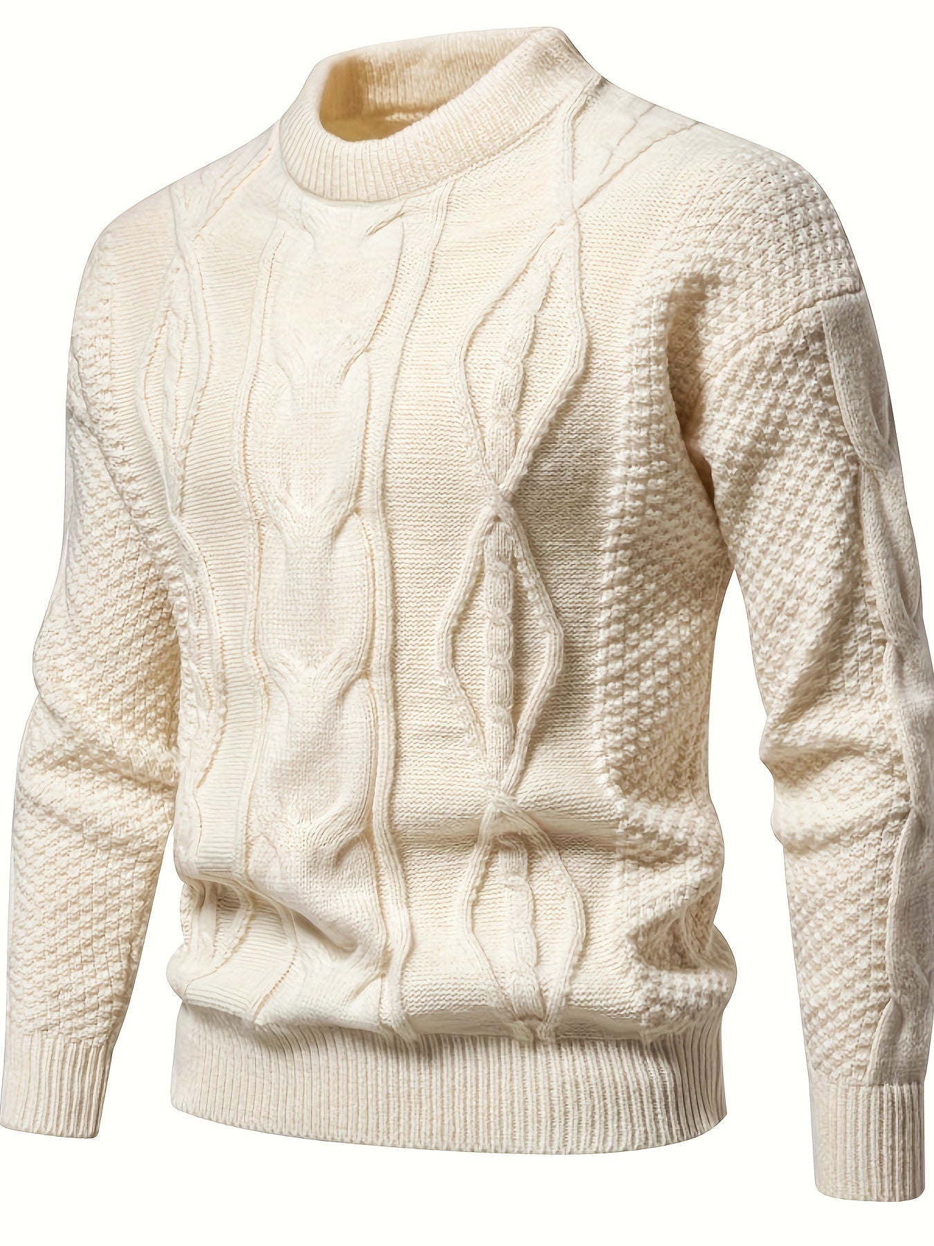 Men's solid knit sweater, round neck vintage style, breathable stretchy monochrome fabric