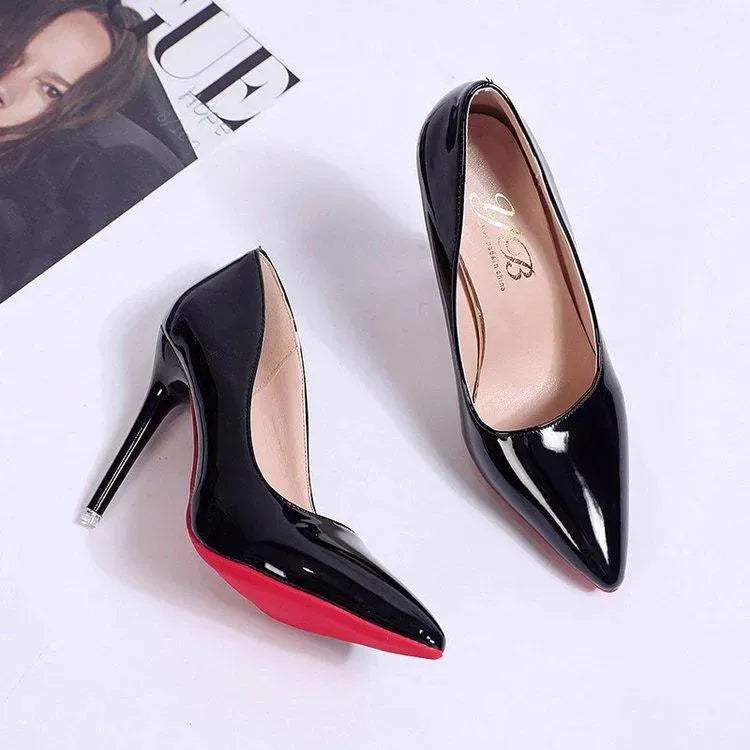 Women's black platform stiletto heels synthetic leather finish 6-10cm height modern pump