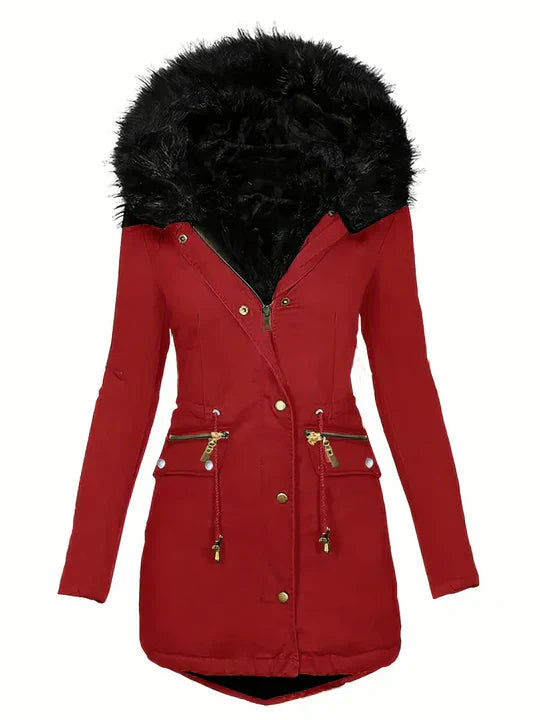 Ruby red faux fur hooded parka for women with adjustable drawstring fit for winter warmth