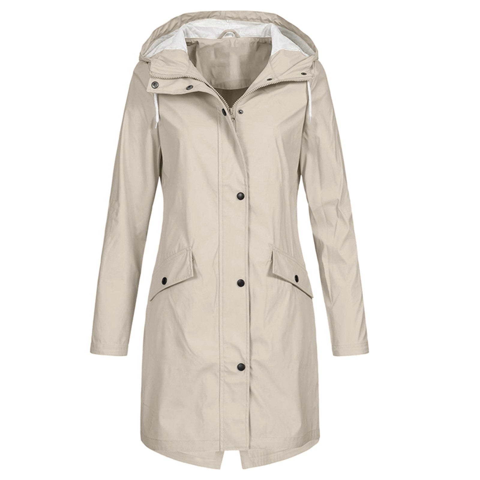 Women's mid-length hooded rain jacket in solid color with elegant feminine cut for light rain