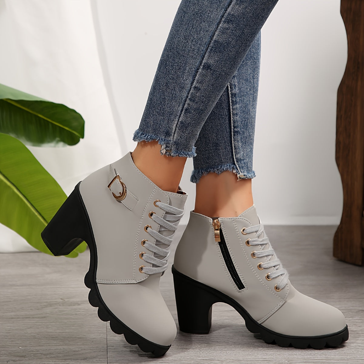 Women's lace-up ankle boots block heel front lacing side zipper casual evening chic style