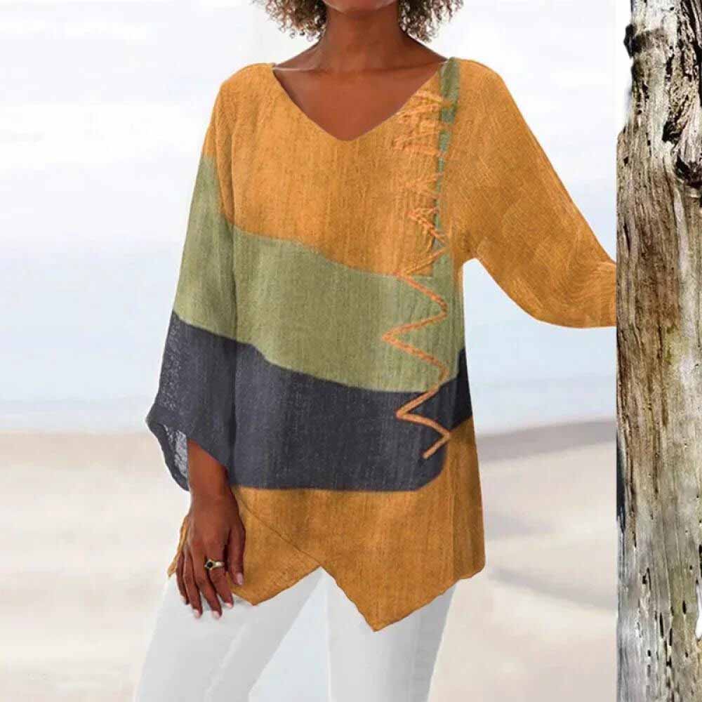 Women's loose asymmetrical bohemian blouse lightweight drape layering top elegant boho-chic silhouette