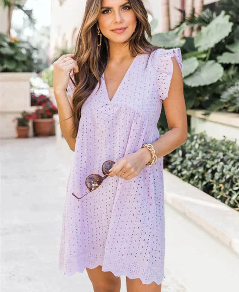 White sleeveless summer dress V-neck broderie anglaise cotton blend lightweight breathable women