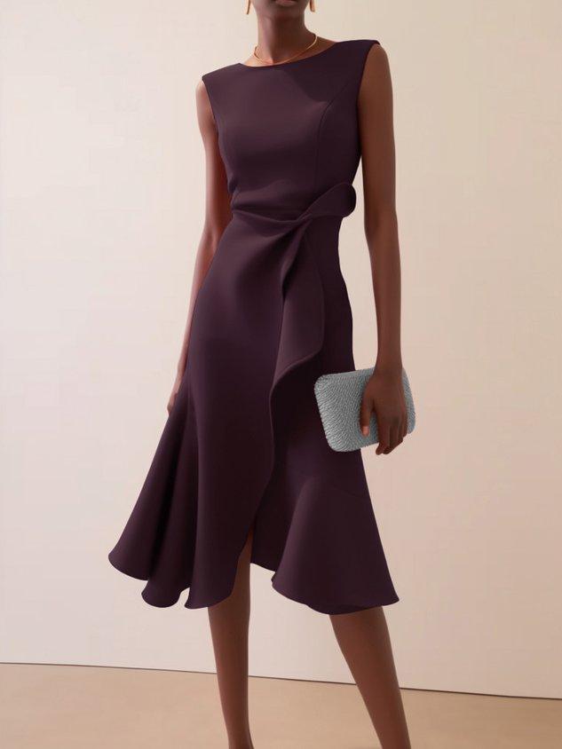 Red sleeveless midi dress with ruched twist waist detail, A-line silhouette for day to night wear