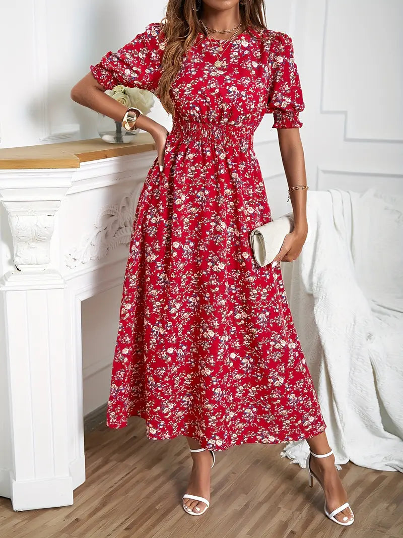Women's elegant summer dress with puff sleeves, smocked waist, lightweight breathable fabric timeless silhouette