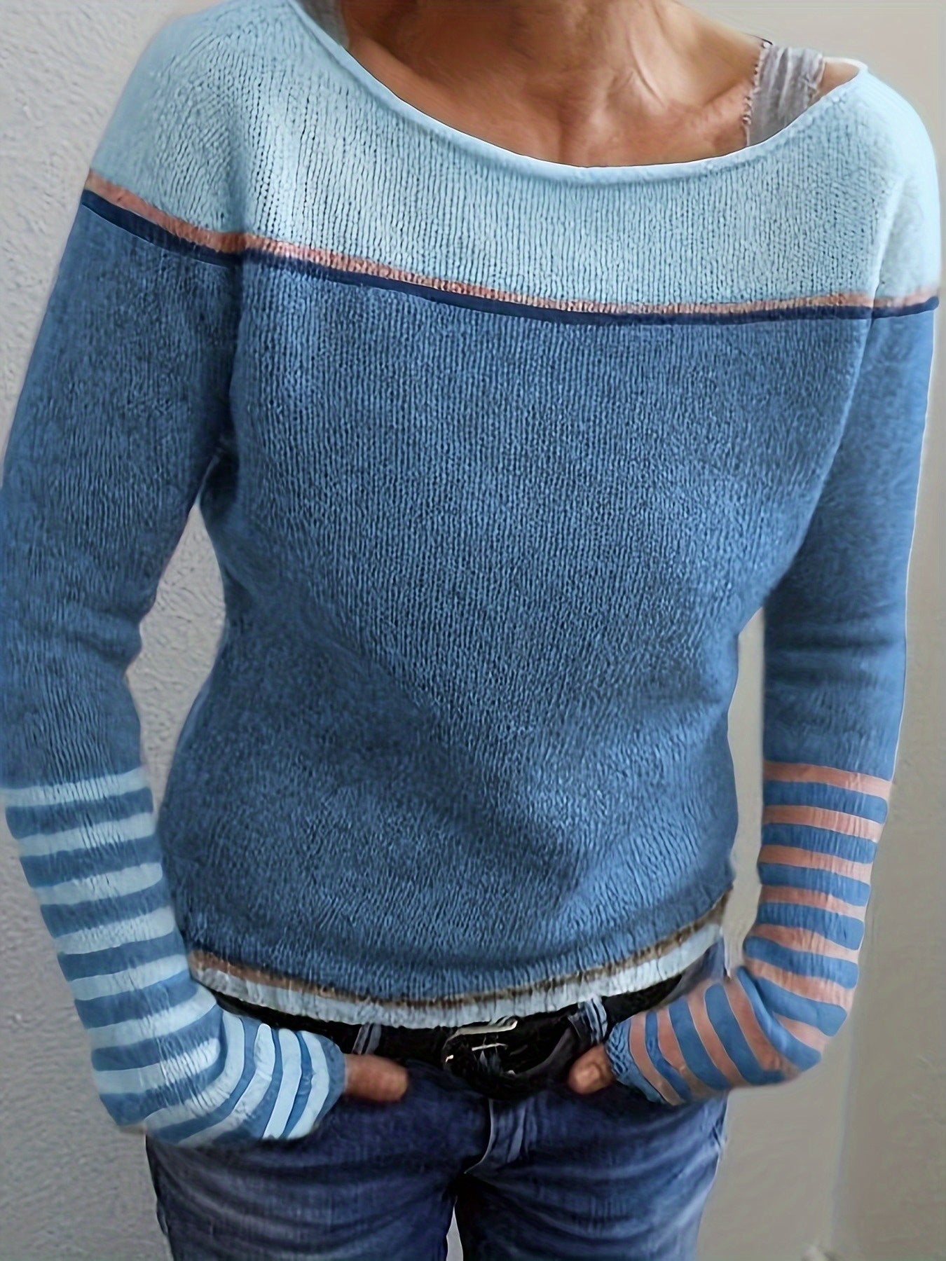 Women's lightweight striped knit sweater, relaxed fit with flattering neckline for effortless layering