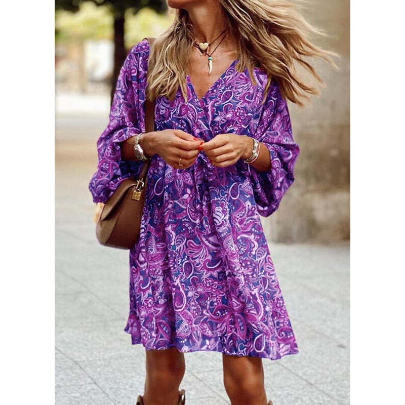 Women's bohemian summer dress, flowy silhouette in earthy tones, sustainable everyday style