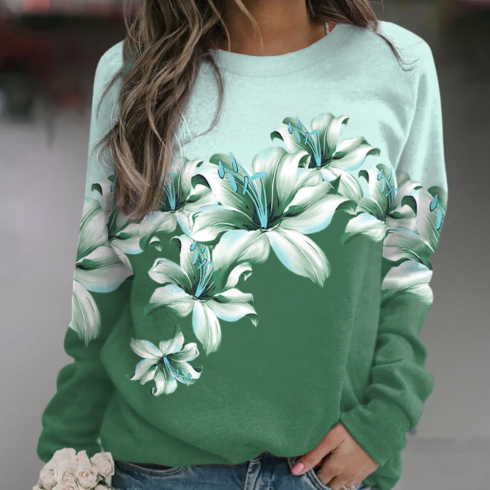 Women's floral print sweatshirt relaxed fit long sleeve soft breathable cotton-blend fabric