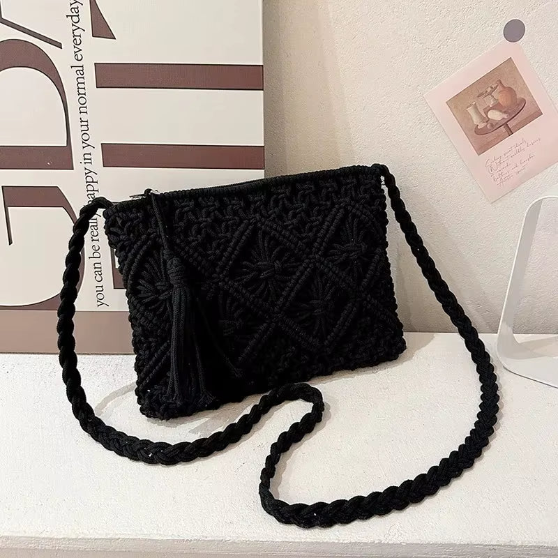 Hand-knotted rope crossbody bag with tassel strap, geometric texture, lightweight structured design, secure zip closure