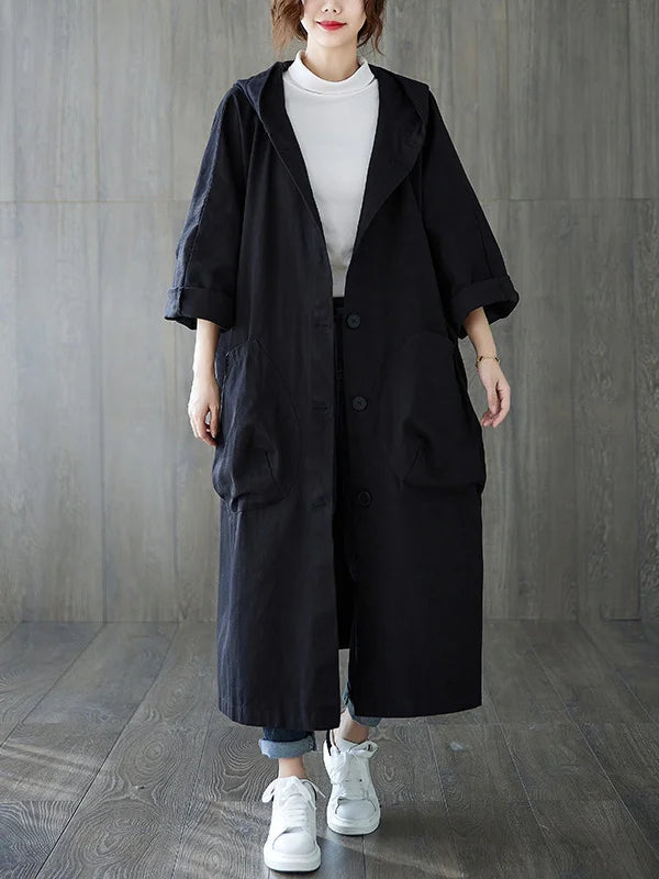 Lightweight waterproof hooded trench coat relaxed silhouette oversized pockets for commuters