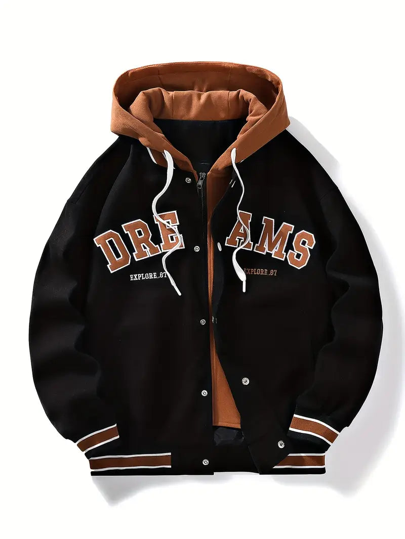 Men's black hoodie bomber jacket streetwear cut with embroidered varsity detail and layered hood